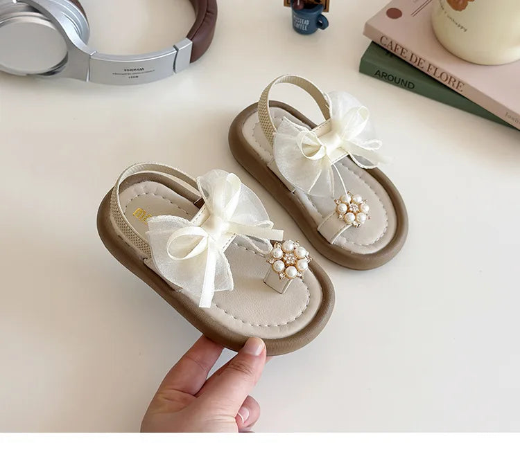 Summer Fashion Kids Platform Princess Shoes  Sandals Girls Rhinestone Straps Beach Shoes Soft Sole Ribbon Bow Versatile Sandals