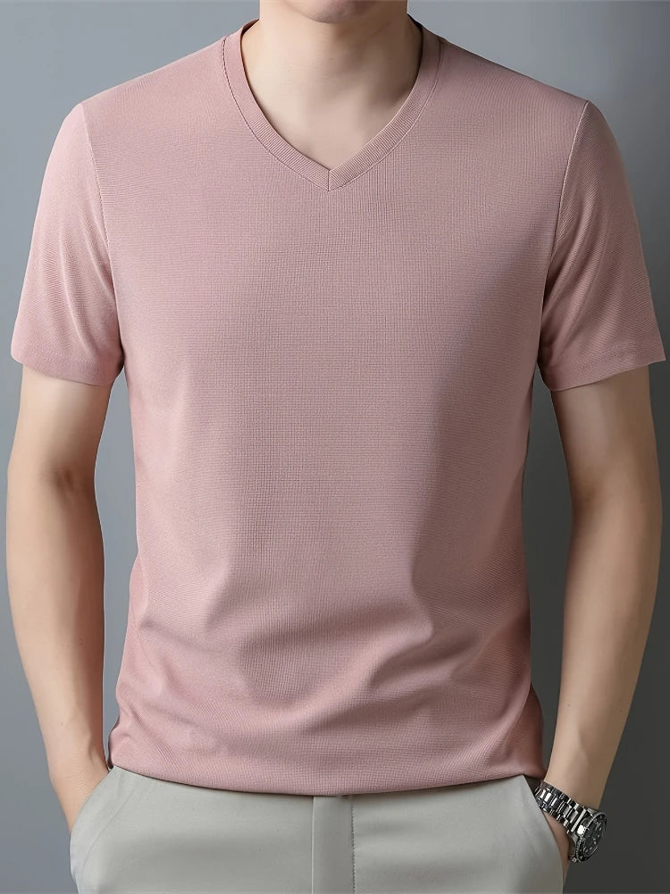 Men's Solid Color V-neck Short Sleeve T-shirt  Comfy And Breathable Tees  Men  Casual And Chic Tops  Summer Daily Wear