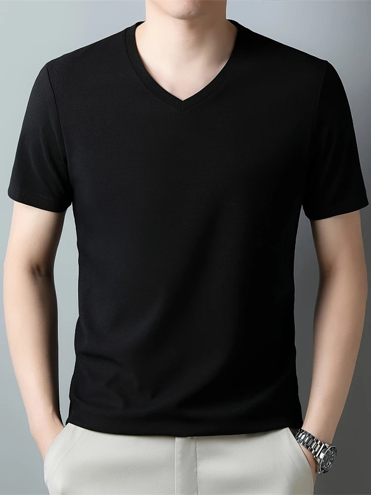 Men's Solid Color V-neck Short Sleeve T-shirt  Comfy And Breathable Tees  Men  Casual And Chic Tops  Summer Daily Wear
