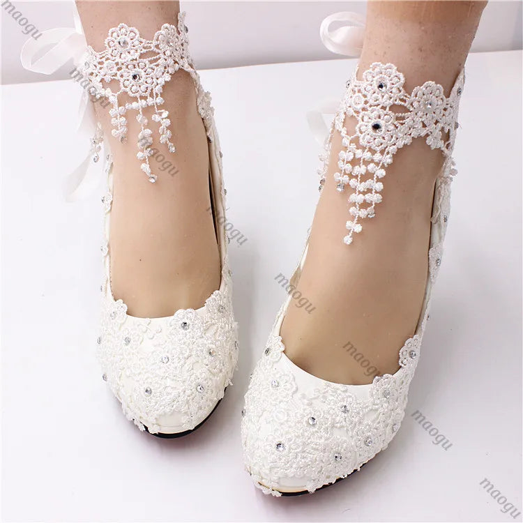 New Shoes Woman Bride Elegant White Lace Pearl Design High Heels Women's High Heels Bride Wedding Shoes Ladies