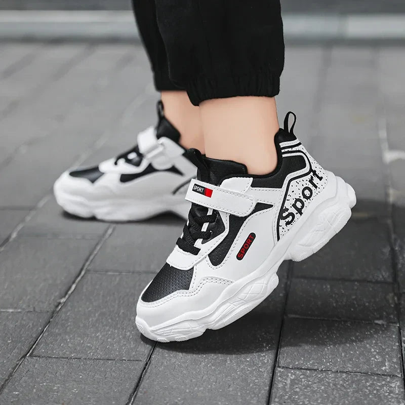 Boys Shoes Sneakers Leather Children Comfortable Flat Shoes Black White Shoes for Kids Girls School Walking Footwear Non Slip