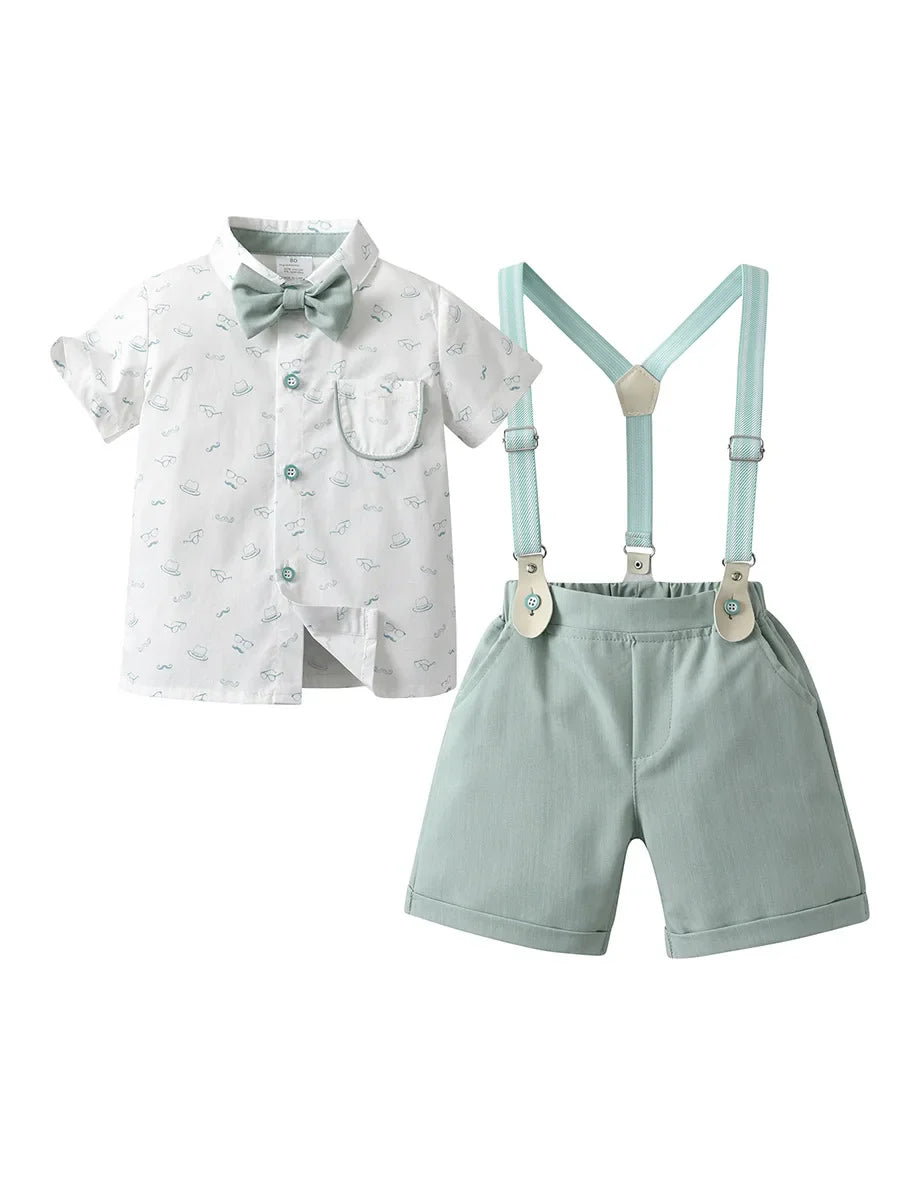 1-6Y Summer  Baby Boys Formal Costume Short Sleeve Bow Tie T-Shirt+Suspender Shorts Wedding Parties Festivals Gentleman Clothing