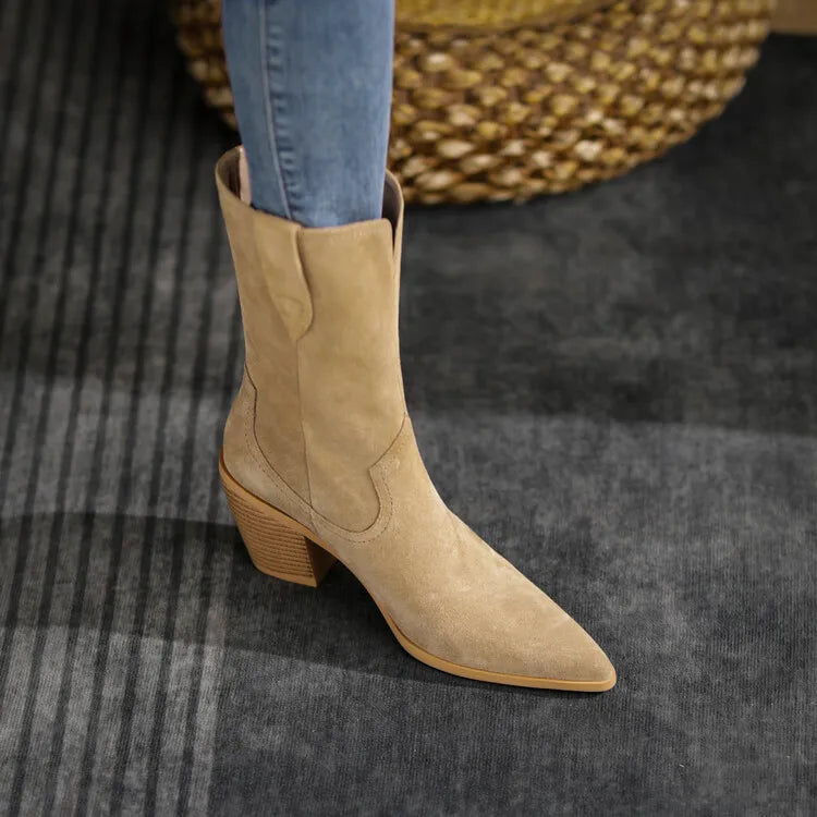 2022 New Autumn/winter Women's Boots Pointed Toe Chunky Heel Short Boots Cow Suede Western Boots Shoes for Women High Heels