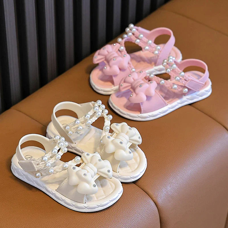 New Summer Bow Pearl Ornament Flat Sandals For Girls Aged 1-7 Children Slippers Non-slip Outdoors Seabeach Flip Flops Kids Shoes