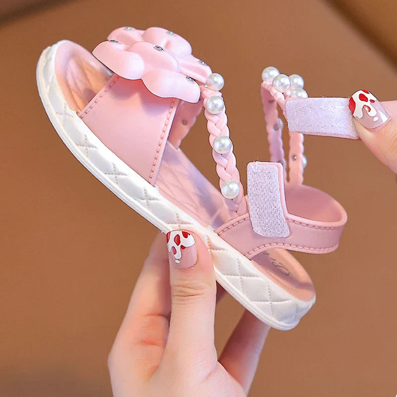 New Summer Bow Pearl Ornament Flat Sandals For Girls Aged 1-7 Children Slippers Non-slip Outdoors Seabeach Flip Flops Kids Shoes