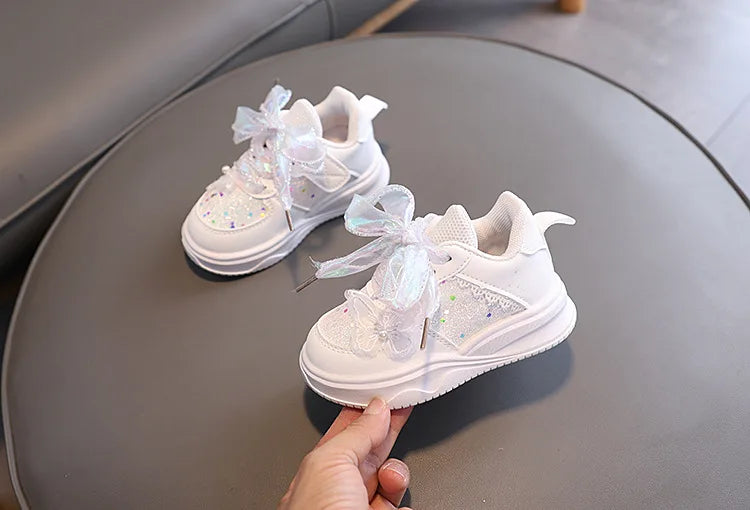 Baby Girl's Casual Sneakers for Spring Fall Shiny Sequins & Bow Ribbon Decor Sports Shoes Kids Skate Shoes
