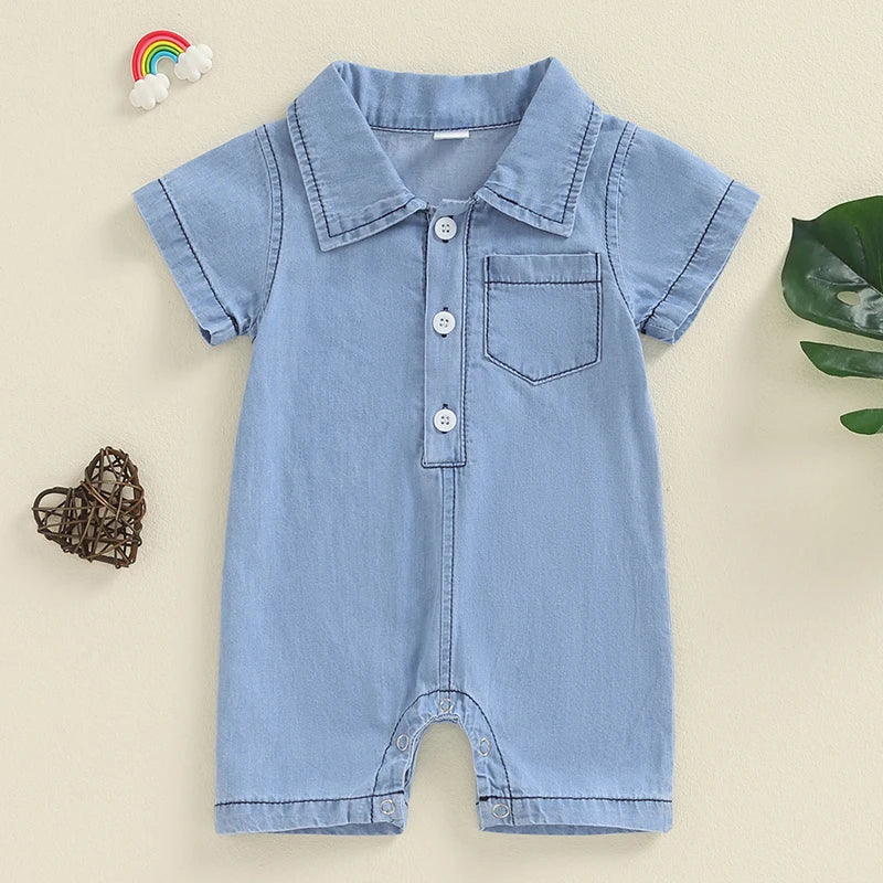 Baby Boys Summer Denim Romper Short Sleeve Lapel Button Down Jumpsuit with One Pocket