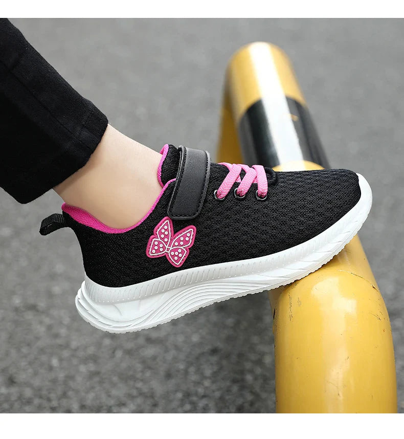 Girls Sports Running Shoes with Velcro Breathable Mesh Casual Sneakers Toddler Girl Lightweight Walking Shoes Non-Slip Sole