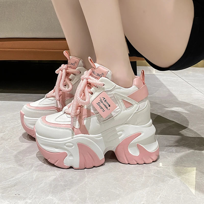 Women Walking Sneakers 2025 Spring Lace-up High Platform Chunky Shoes Breathable Leather Shoes 10CM Wedge Heels Casual Shoes