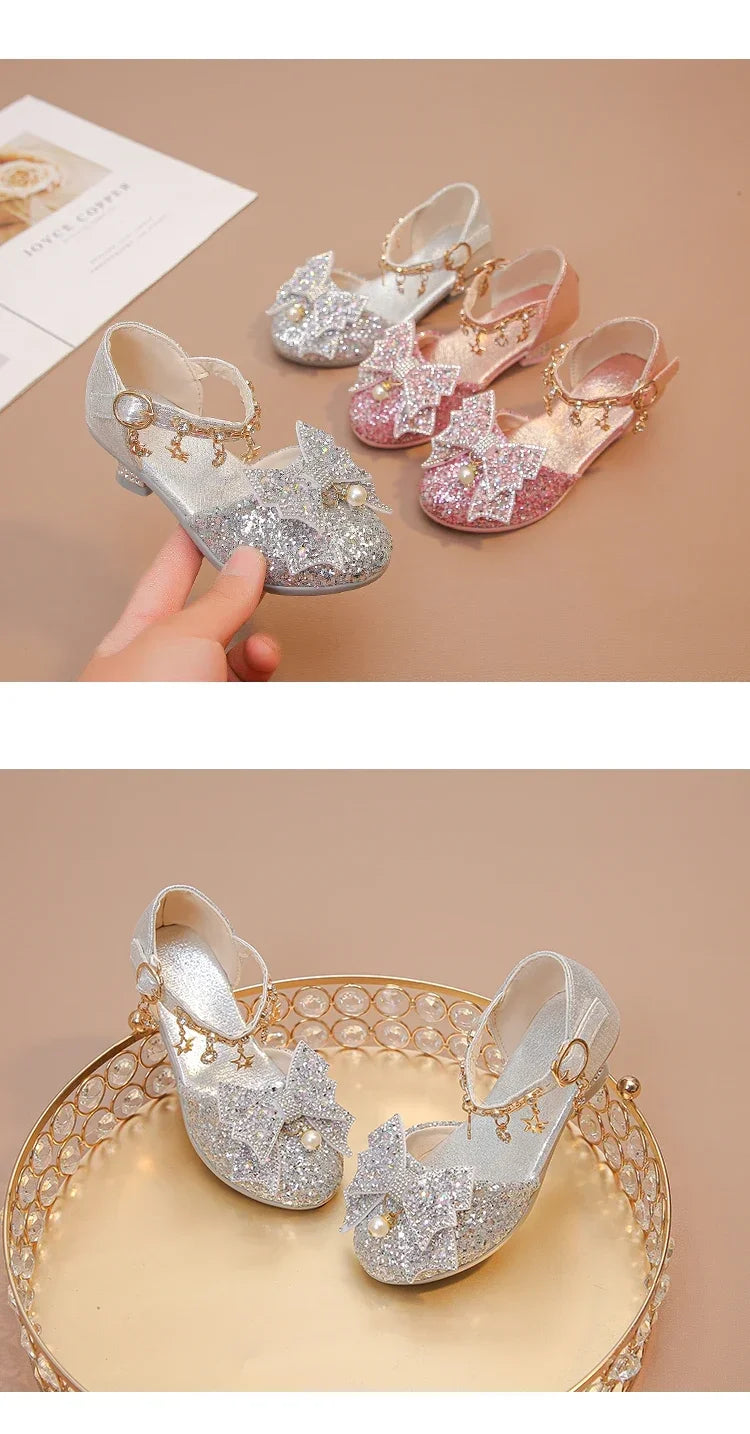 Girls High Heeled Leather Shoes High Heels for Wedding Party Glitter Rhinestone with Bow-knot Kids Dress Pendant Bling Sparkling