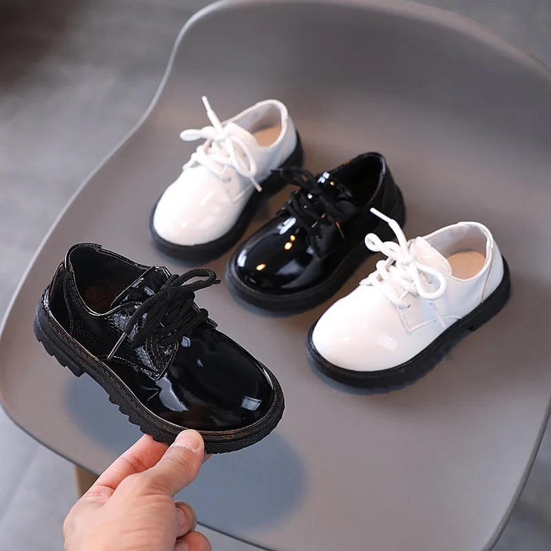 Boys Performance Leather Shoes Spring and Autumn New 2023 Britain Style All-match Black Children's Fashion Black Lace-up Simple