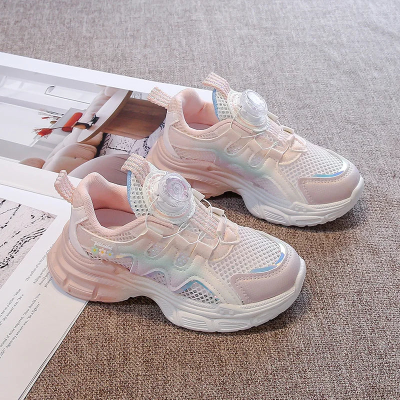 Girls Sneakers with Sweet Flowers Children Running Shoes Rotating Button 2025 New Kids Sports Shoes Princess Style Comfortable