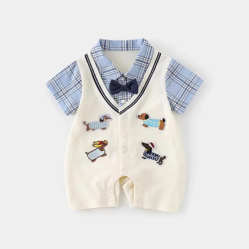 Boys Summer Short-sleeved  Jumpsuit Clothes Baby Fake Two-piece College Style Onesie  Babe Cute Dog Label Romper Fashion Outwear