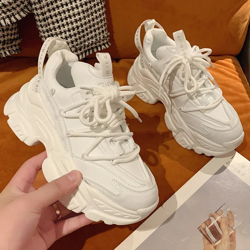 Platform Sneakers for Women Fashion White Lace Up Running Shoes Casual Comfortable Round Toe Chunky Sport Shoes Zapatos De Mujer