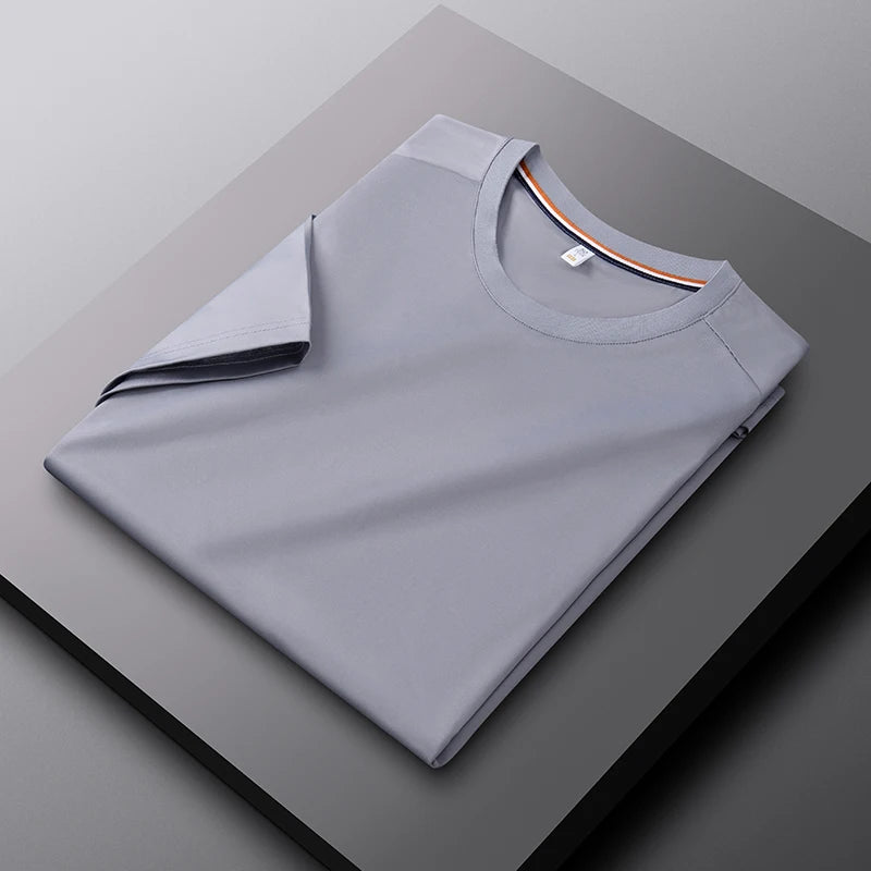 High quality solid color round neck men's short sleeved T-shirt 2024 summer comfortable silk ice feeling casual business