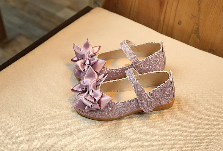 Glitter with Bow-knot Princess Sweet Bling Dress Shoes for Dance Party Girls Leather Shoes for Toddlers Kids Big Children Flats