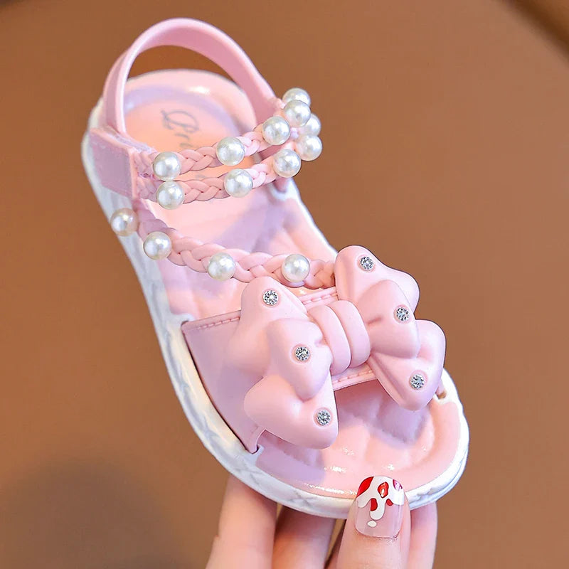 New Summer Bow Pearl Ornament Flat Sandals For Girls Aged 1-7 Children Slippers Non-slip Outdoors Seabeach Flip Flops Kids Shoes