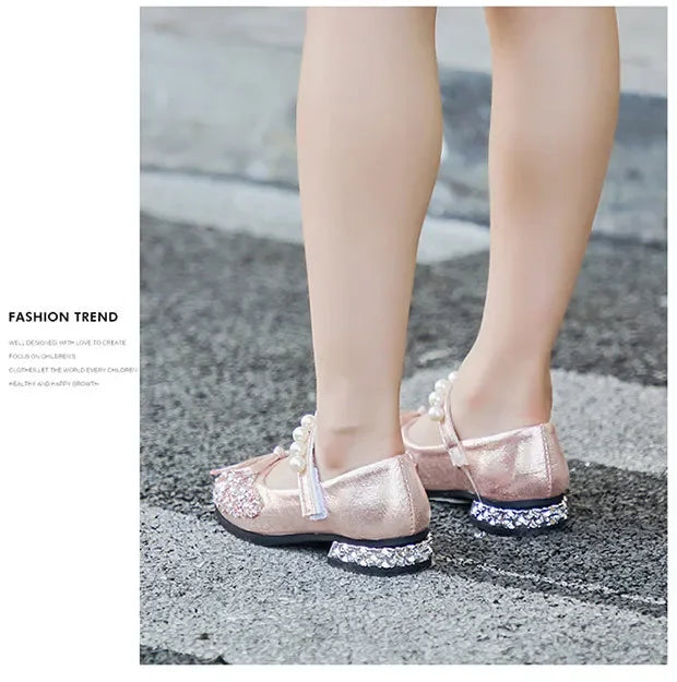 Little Kids Pearl Glitter Leather Shoes Girls Low Heeled Shoes Soft Soles Princess Dance Shoes Children Wedding Party Dress Shoe