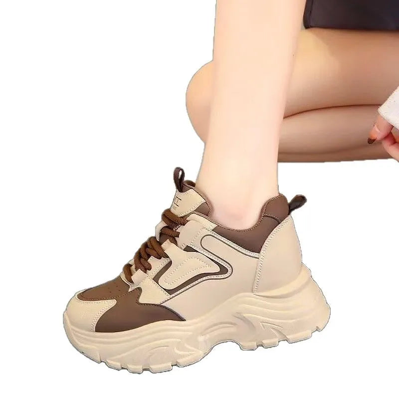 Women's 2026 Spring Sneakers with Thick Bottom and Leather Face High Inner Heel Shoes Comfortable for Sports and Casual Wear