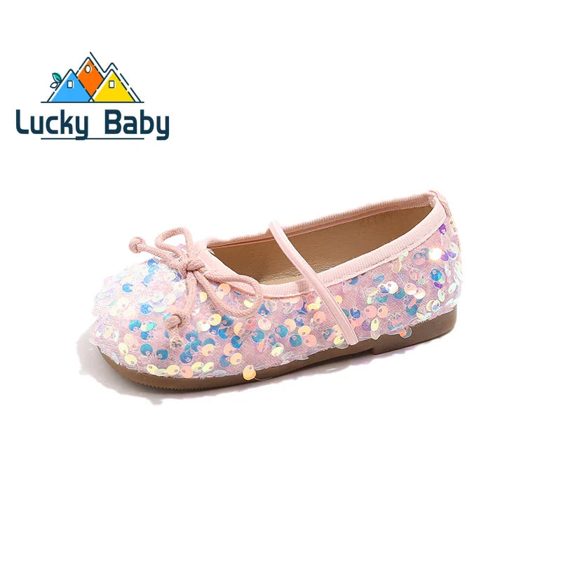 Girls Shoes Kids Glitter Leather Shoes for Wedding Stage Party Sequins Bling Shiny with Bow-knot Princess Soft Children's Flats