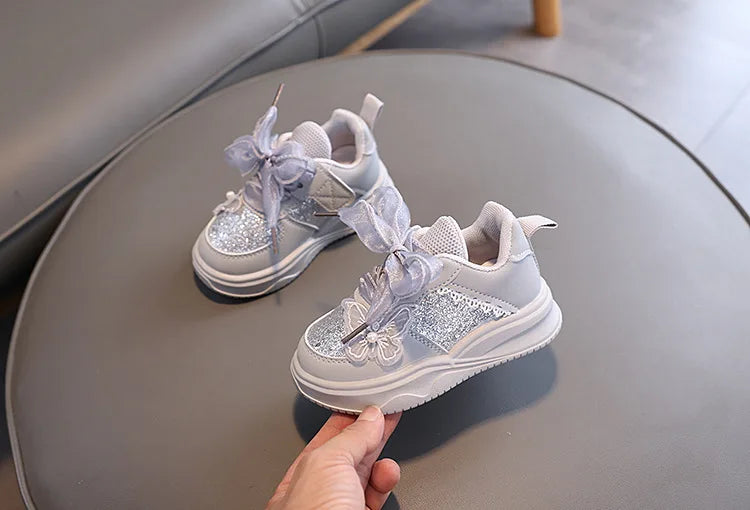 Baby Girl's Casual Sneakers for Spring Fall Shiny Sequins & Bow Ribbon Decor Sports Shoes Kids Skate Shoes