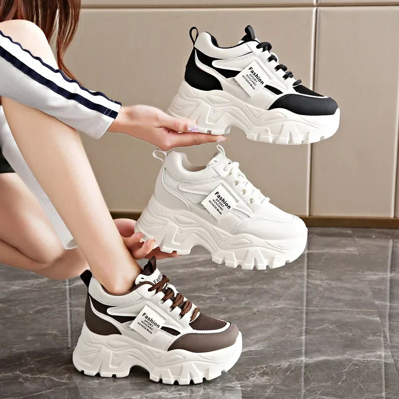 Women's White Platform Sneakers 2025 Spring Lace Up Thick Bottom Vulcanized Shoes Woman Breathable Non Slip Sports Shoes Ladies