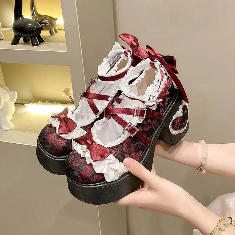 New Princess Shoes with Elegant Temperament Soft Sole Lace Lolita Original Thick Heel Height Increasing Mary Jane Single Shoe