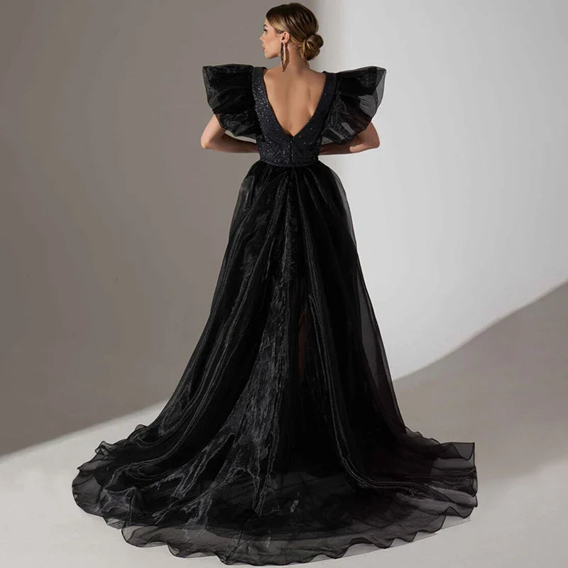 Women's Party Evening Dress Floating Sleeves Fashion Tulle Sequined Backless Bodycon Dress Elegant Slim Fit Black Maxi Dress