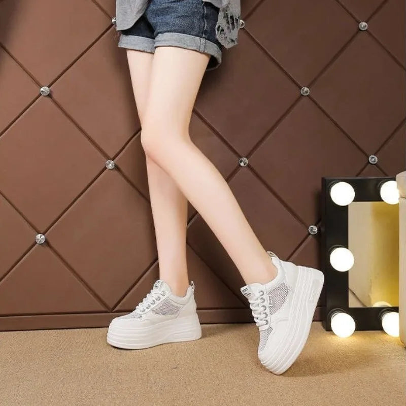 Women's White Chunky Sole Sneakers – Breathable Mesh Shoes with Thick Platform and Air Cushion for Casual Wear