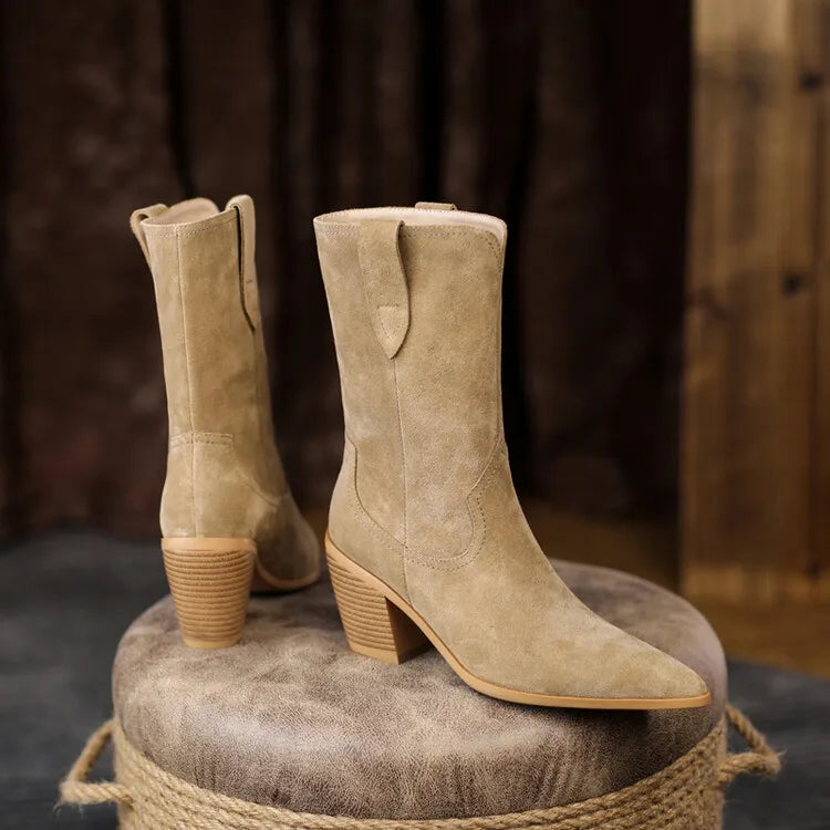 2022 New Autumn/winter Women's Boots Pointed Toe Chunky Heel Short Boots Cow Suede Western Boots Shoes for Women High Heels