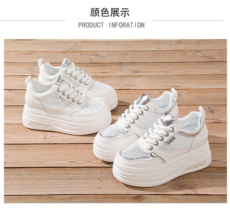 Women's White Chunky Sole Sneakers – Breathable Mesh Shoes with Thick Platform and Air Cushion for Casual Wear