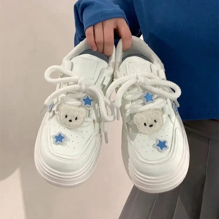 Women Kawaii Blue Platform Sneakers Korean White Shoes Spring Summer Vulcanize Cute Casual Footwear Skateboard Tennis Female