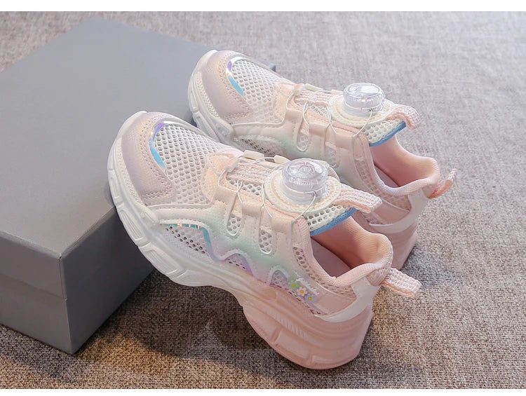 Girls Sneakers with Sweet Flowers Children Running Shoes Rotating Button 2025 New Kids Sports Shoes Princess Style Comfortable