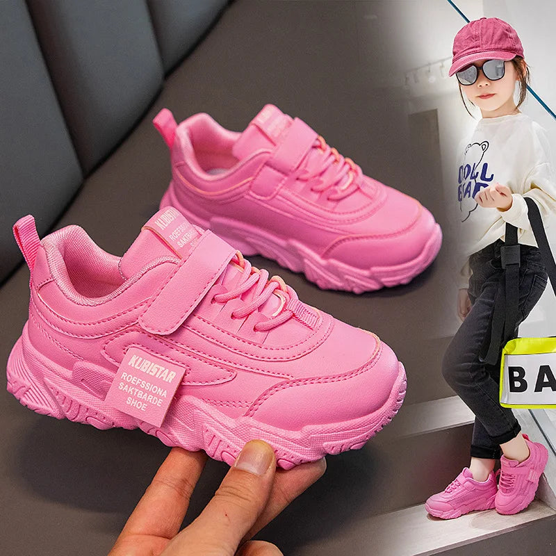 Spring New Kids Sneakers 2023 PU Girls Casual Mesh Solid Pink Light Boys White Hook & Loop Children Non-slip Sports Shoe Fas