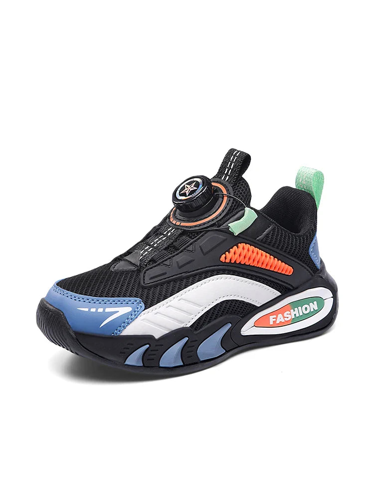 Boys' New Trendy Color-Blocked Mesh Sneakers with Knob Buckle, Dad Shoe Style Breathable Children's Shoes, Spring and Autumn Campus Outdoor Non-Slip Running Shoes, Casual Sports Trendy Shoes
