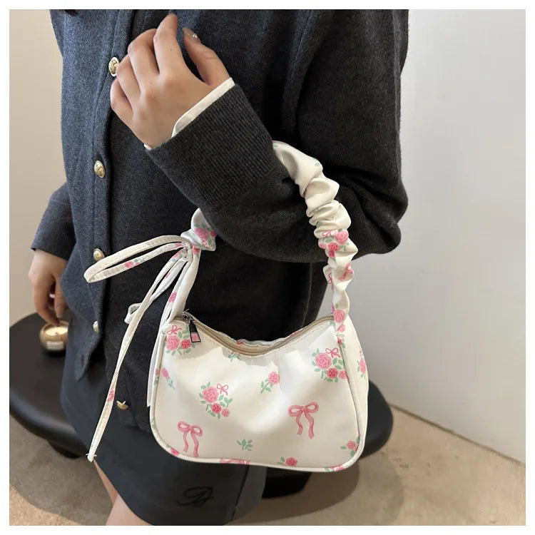 Women's Bags 2025 Summer Nylon Pleated Handbags Armpit Bag Korean Floral Bow Printed Zipper Tote Bag Female Small Shoulder Bags
