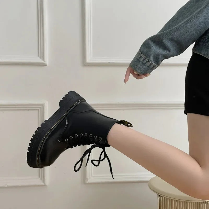 Women's Boots New Genuine Leather Ankle Shoes Chelsea Botas Ladies Classic Punk Platform Shoes Women Casual High Heels Boots