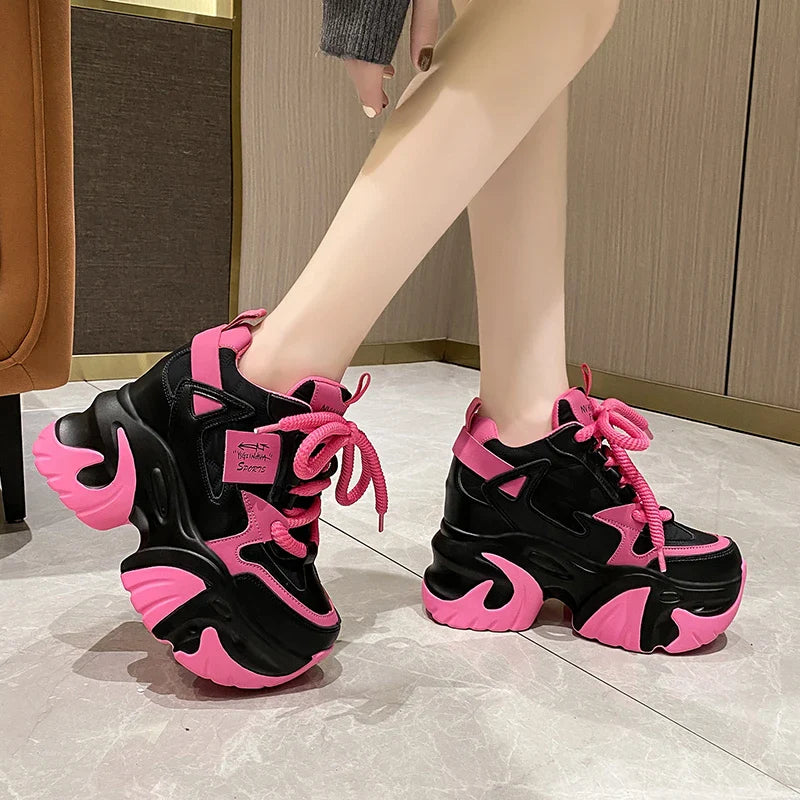 Women Walking Sneakers 2025 Spring Lace-up High Platform Chunky Shoes Breathable Leather Shoes 10CM Wedge Heels Casual Shoes
