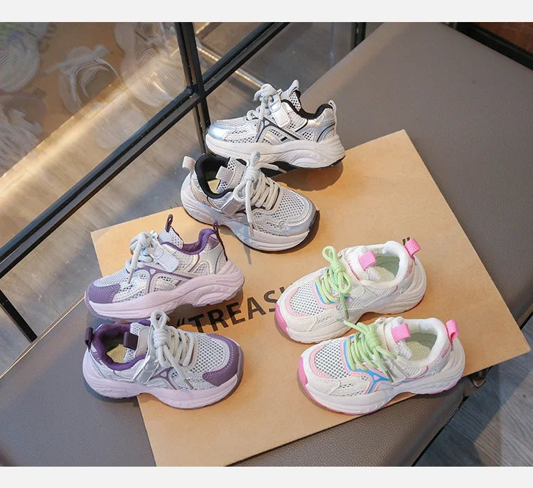 Kids Sneakers Mesh Breathable Girls Running Shoes Non-slip Thick Soft Sole New Children Sports Shoes Mesh Breathable Trendy