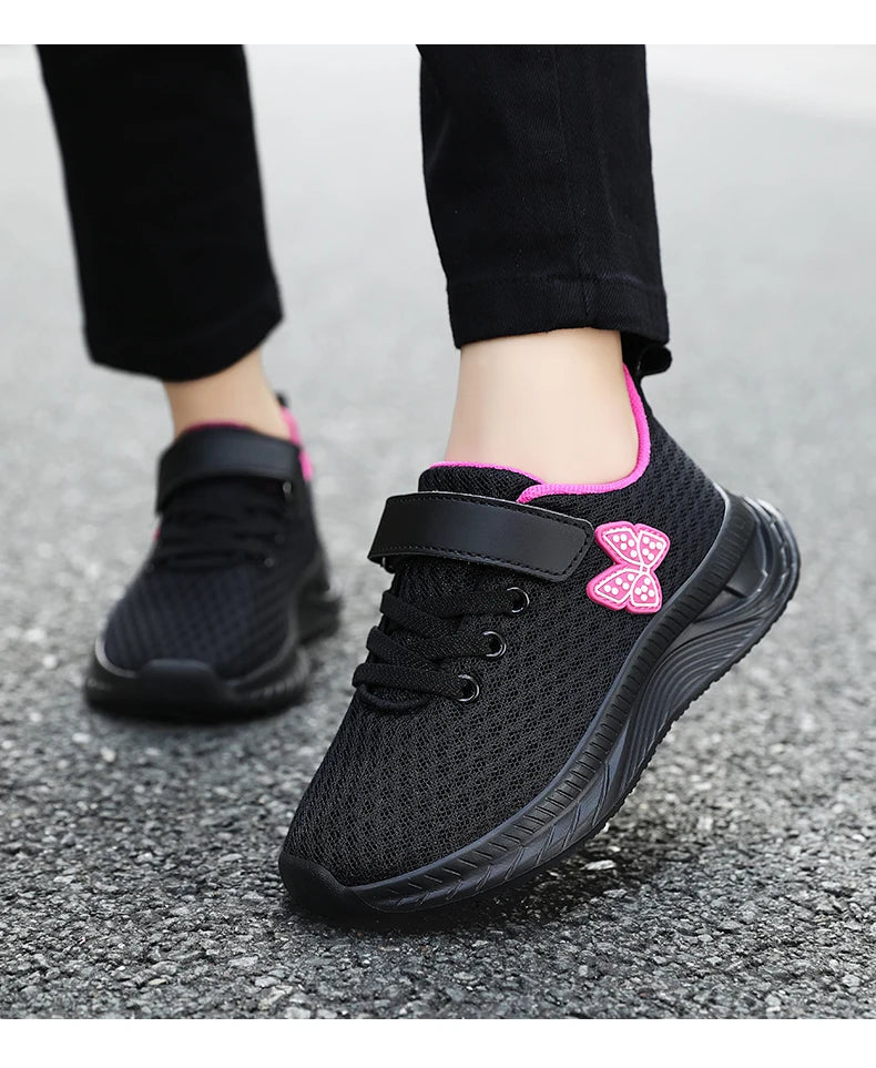 Girls Sports Running Shoes with Velcro Breathable Mesh Casual Sneakers Toddler Girl Lightweight Walking Shoes Non-Slip Sole