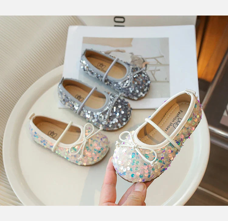 Girls' Shoes 2025 Spring New Fashion Little Girl Sequin Princess Shoes Soft Sole Girls' Shallow Mouth Single Shoes Breathable