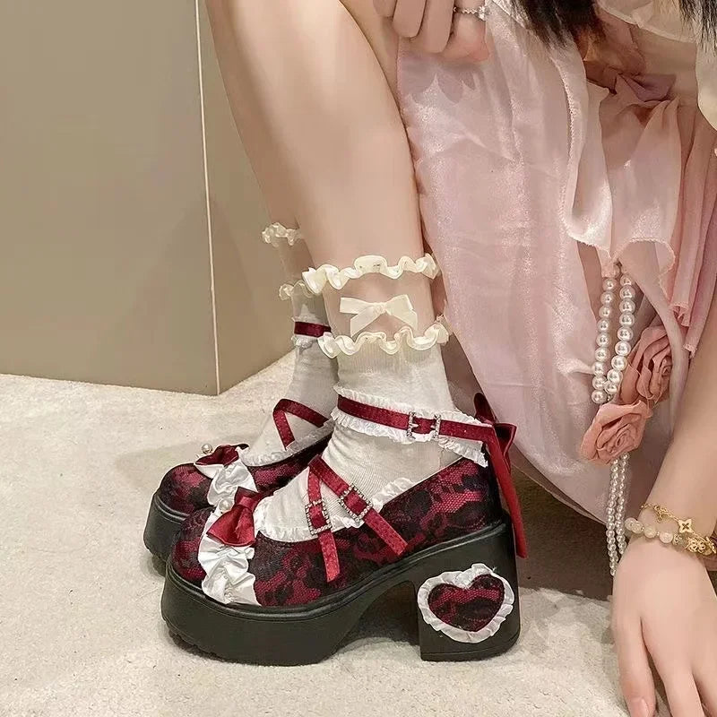 New Princess Shoes with Elegant Temperament Soft Sole Lace Lolita Original Thick Heel Height Increasing Mary Jane Single Shoe