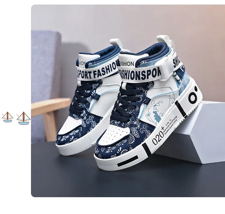 Brand Kids Board Shoes High Top Sports Shoes Boys Fashion Basketball Sneakers Leisure Girls Flats Children Casual Walking Shoes