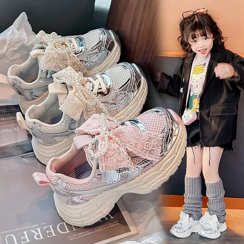 Girls Running Shoes with Sweet Mesh Bow Kids Sports Shoes Breathable 2025 New Fashion Children Sneakers Princess Style Cute