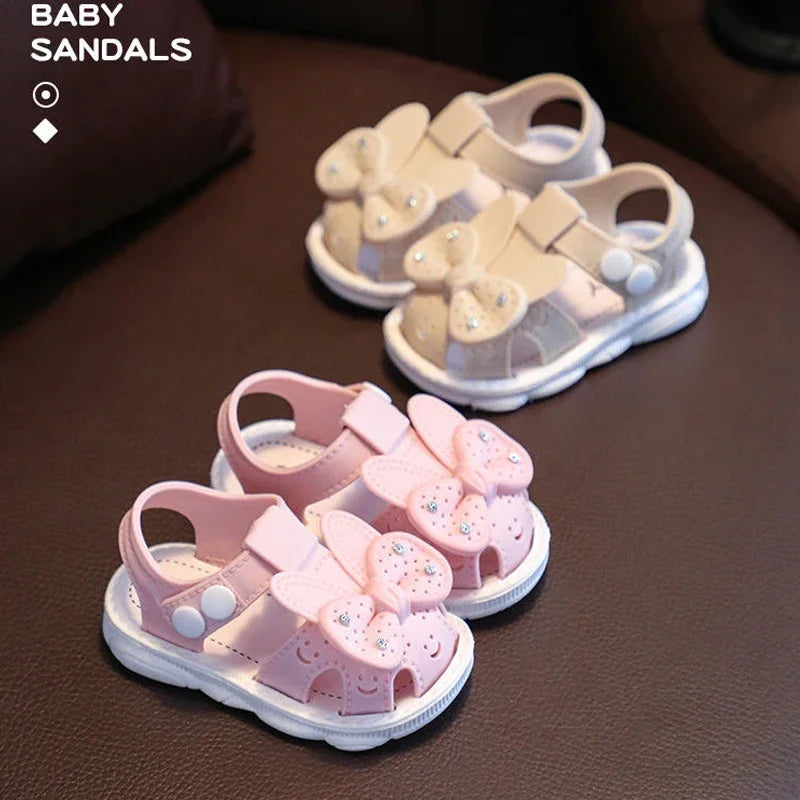 New Summer Aged 0-3 Cute Bow Rhinestone Baby Shoes For Girls Non-Slip Soft-Soled Children Toddler Kids Sandals With Covered Toes