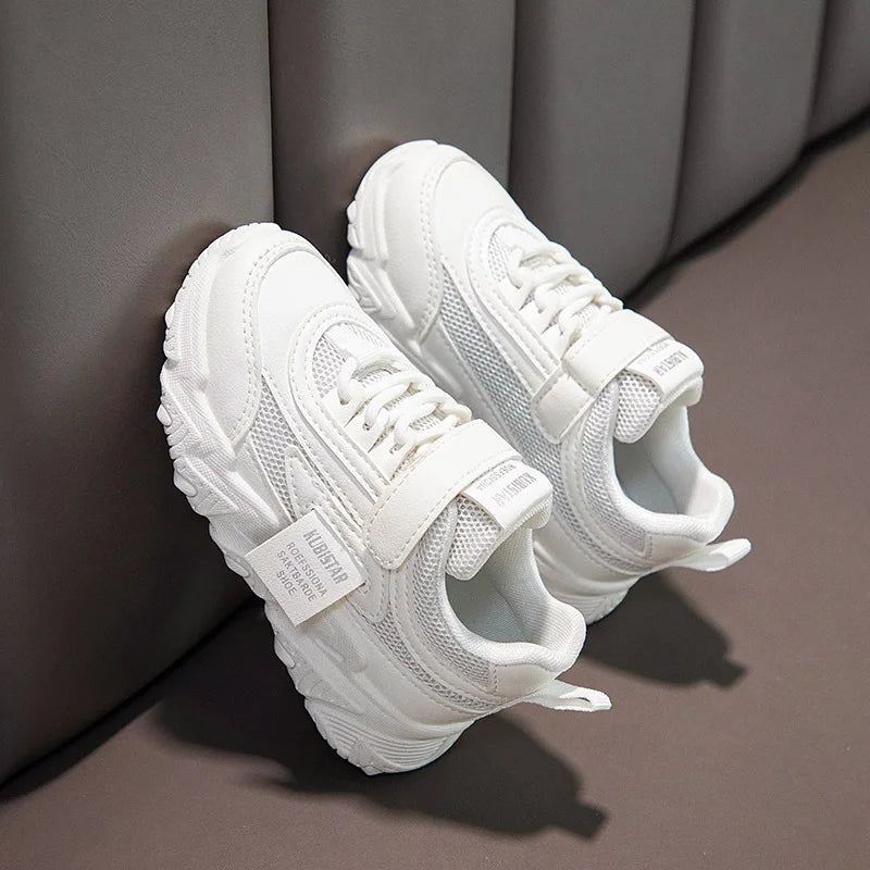 Spring New Kids Sneakers 2023 PU Girls Casual Mesh Solid Pink Light Boys White Hook & Loop Children Non-slip Sports Shoe Fas