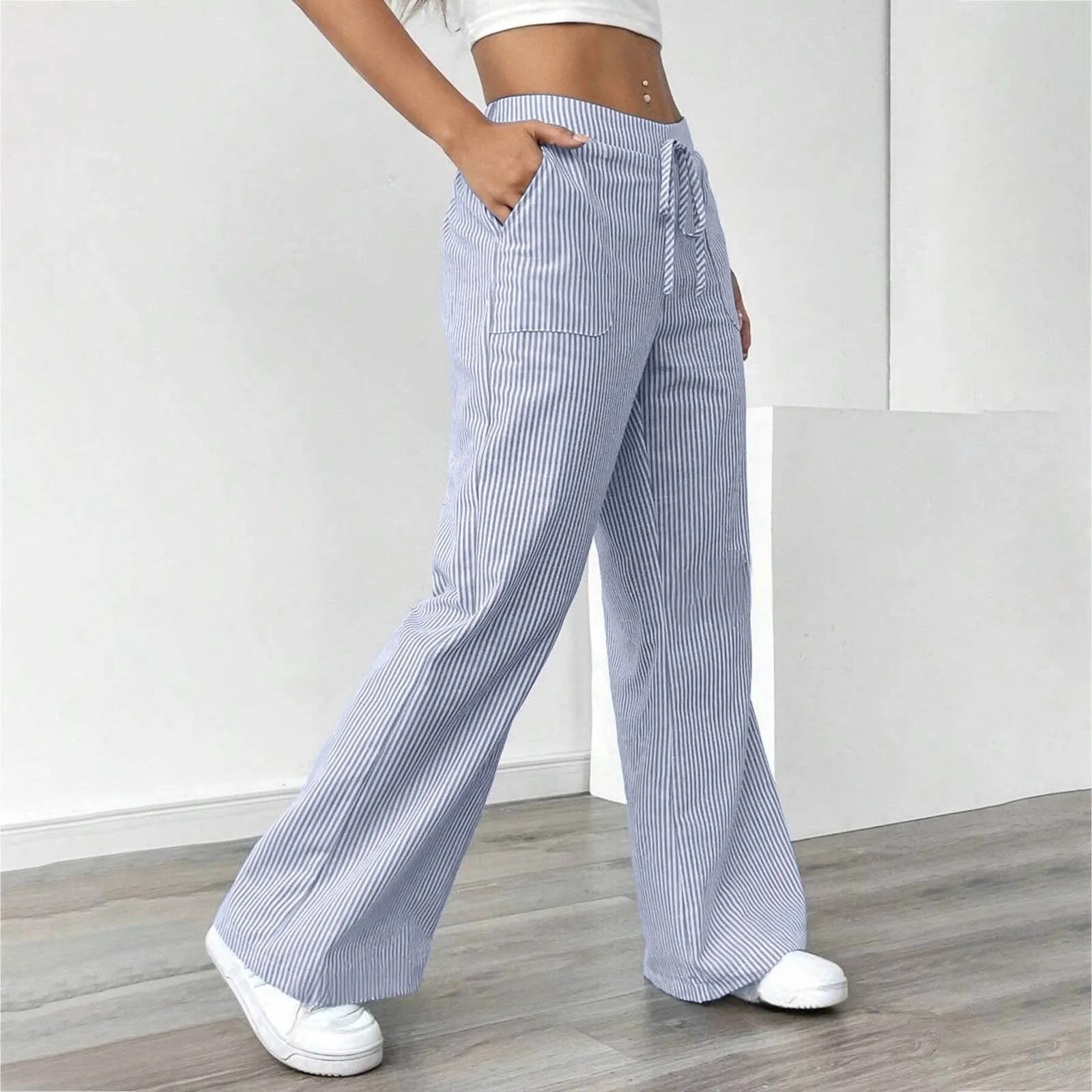 High Waist Pants For Women Elastic Waist Drawstring Wide Leg Casual Trousers With Pockets Soft Breathable Loose Knit Bottoms