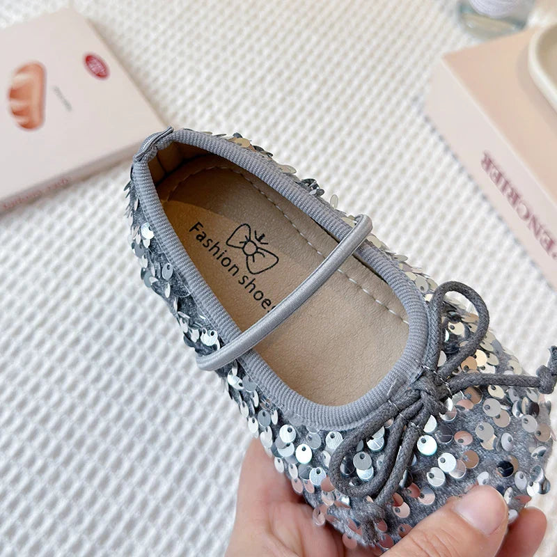 Girls Shoes Kids Glitter Leather Shoes for Wedding Stage Party Sequins Bling Shiny with Bow-knot Princess Soft Children's Flats