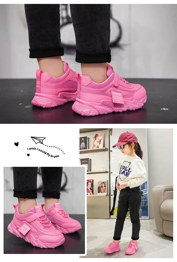 Spring New Kids Sneakers 2023 PU Girls Casual Mesh Solid Pink Light Boys White Hook & Loop Children Non-slip Sports Shoe Fas