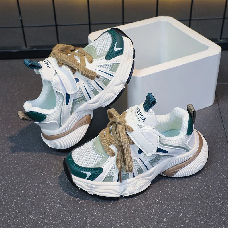 Girl's Color Block Mesh Breathable Chunky Shoes Comfy Non Slip Lace Up Durable Sneakers For Kid's Outdoor Activities